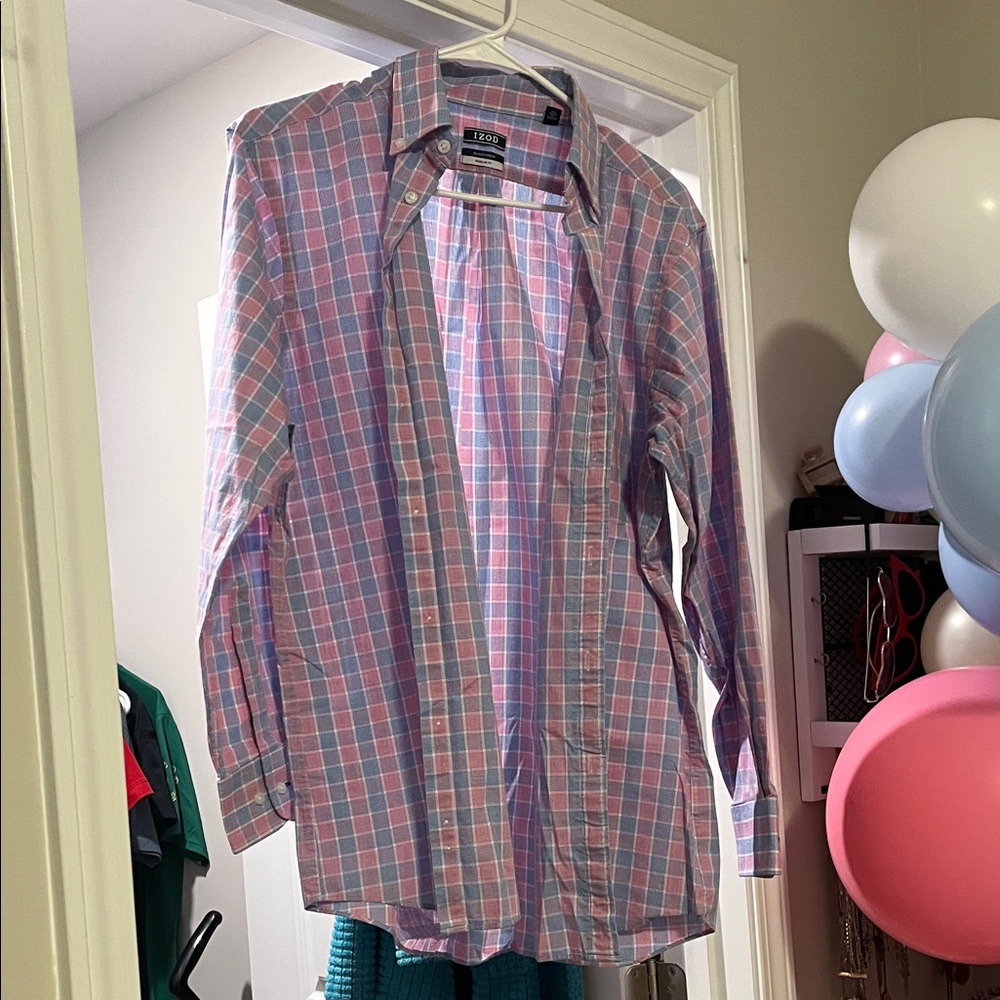 Izod Men's Casual Pink and Blue Plaid Shirt
